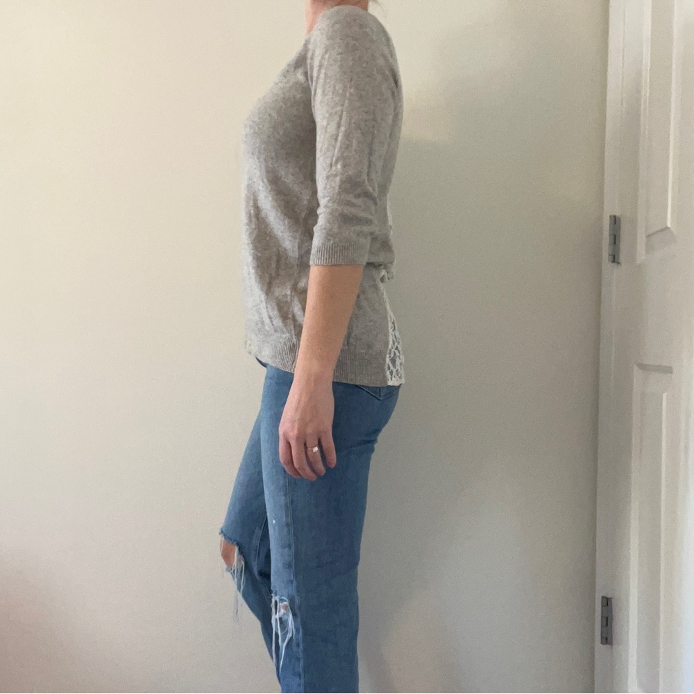 Soft 3/4 length sweater with lovely white lace back detail